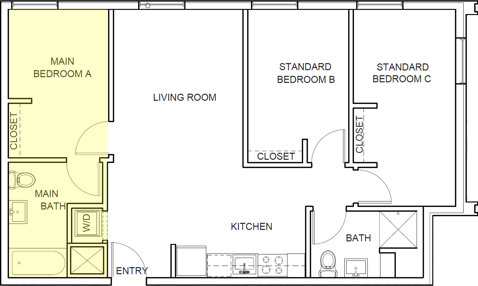 Floor plan for 3 beds, 2 baths, 285 sqft